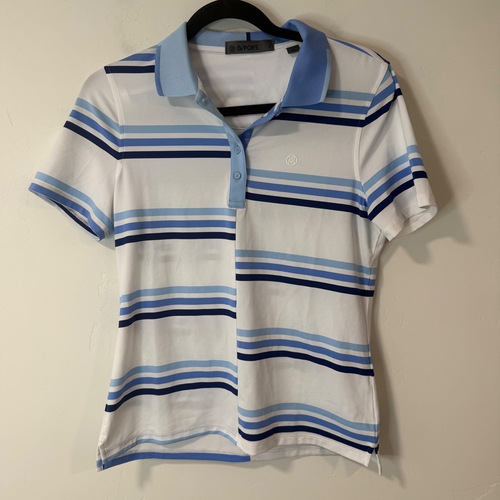G/FORE Women Offset Gradient Stripe Tech Jersey Polo Small White Blue Golf Shirt